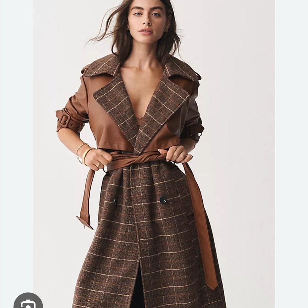 Wool-Blend Brown Trench Coat with Faux Leather Overlay - Picture 8 of 8